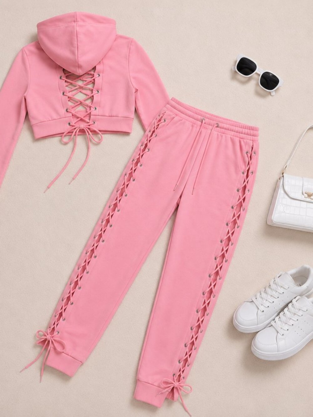 Lace-Up Pink Jogger Set with Cropped Hoodie - Women’s Track Pants & Hoodie NWOT